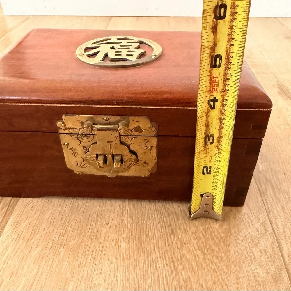 Vintage 80s Oriental Chinese Wooden Jewelry Box W/ Brass Word LUCKY, Double Tier
